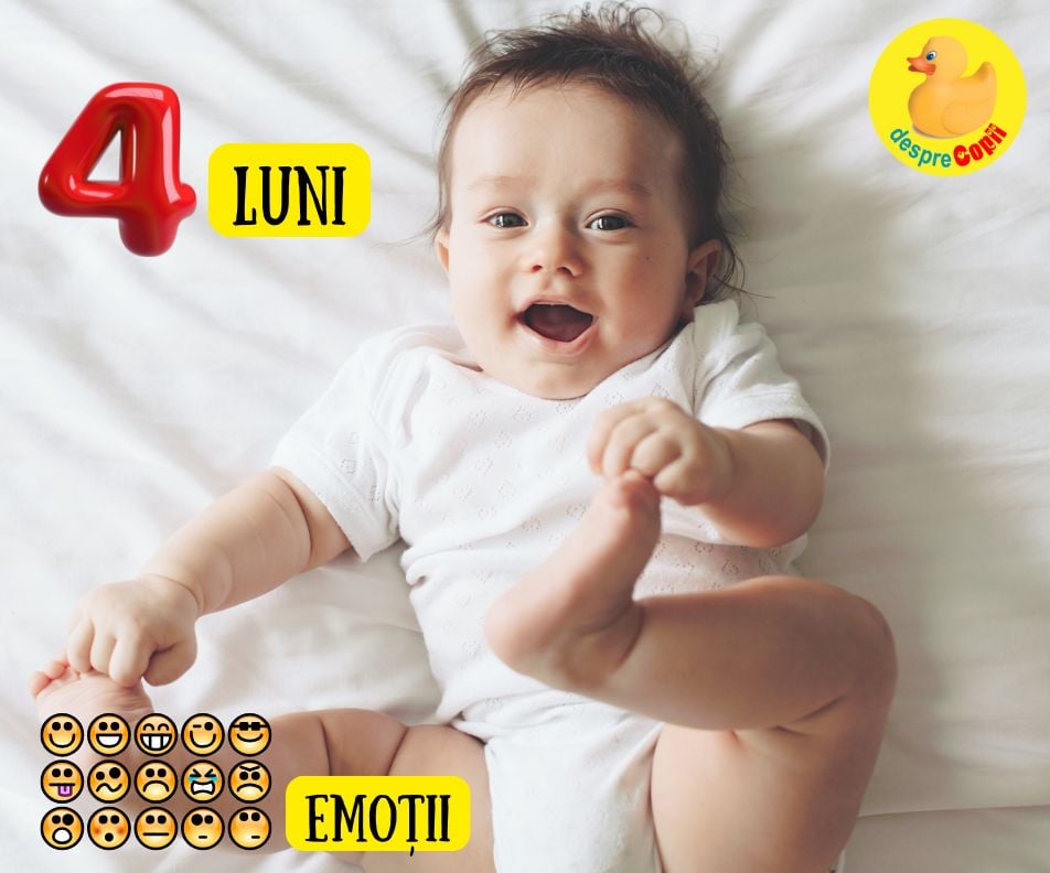 Emotiile bebelusului la 4 luni. Acum bebe descopera lumea cu entuziasm! Bebe devine din ce in ce mai expresiv si interactiv